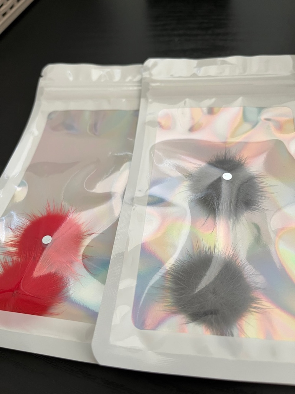 Magnetic Faux Fur Pom Poms - Red and Gray